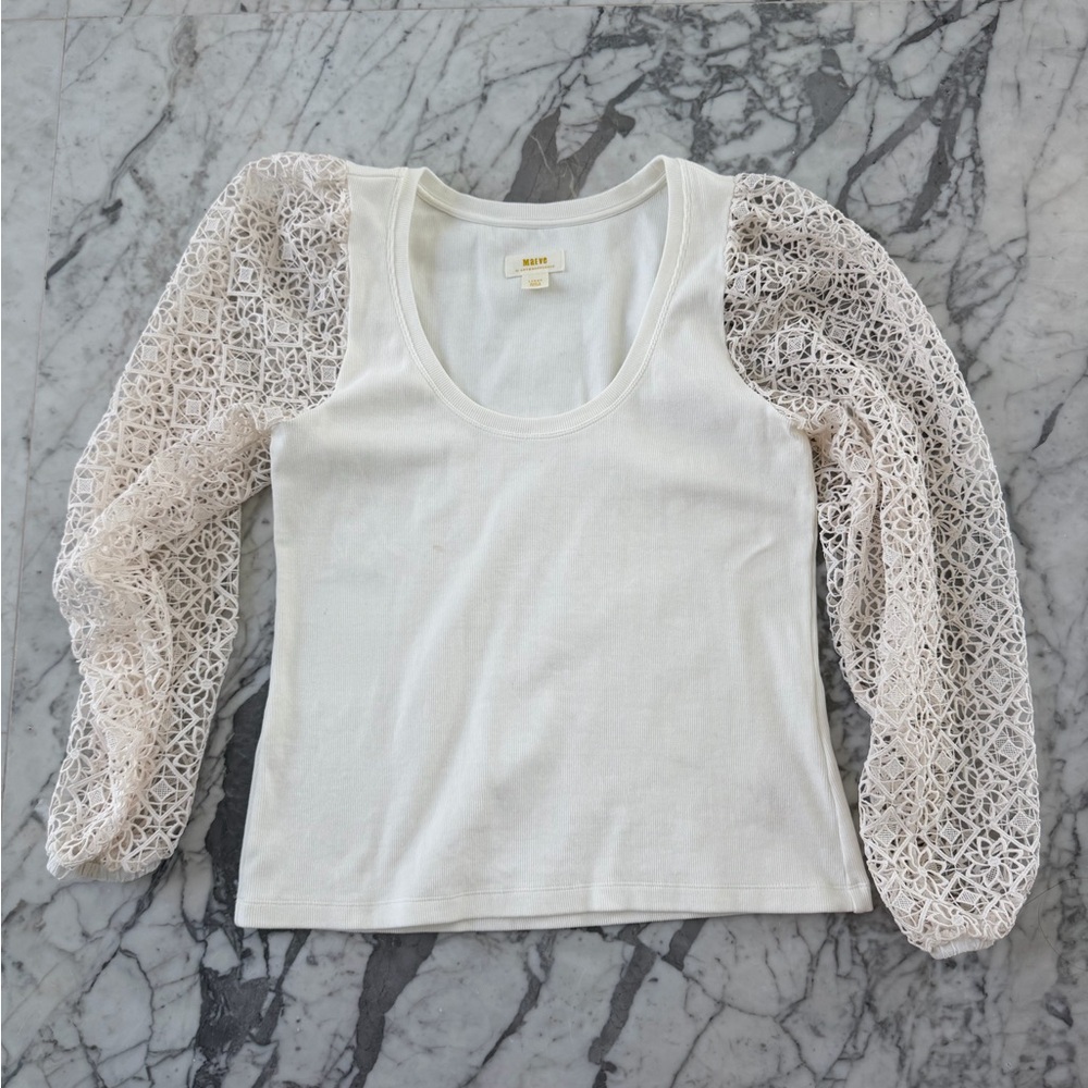 Anthropologie Cream Scoop Neck Top with Lace Balloon Sleeves